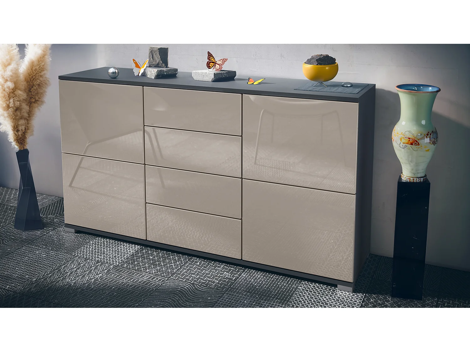 Buffet Rova V1 – Meuble avec 4 Portes et 4 Tiroirs, anthracite mat/gris sable haute brillance (138,5 x 75,5 x 35)