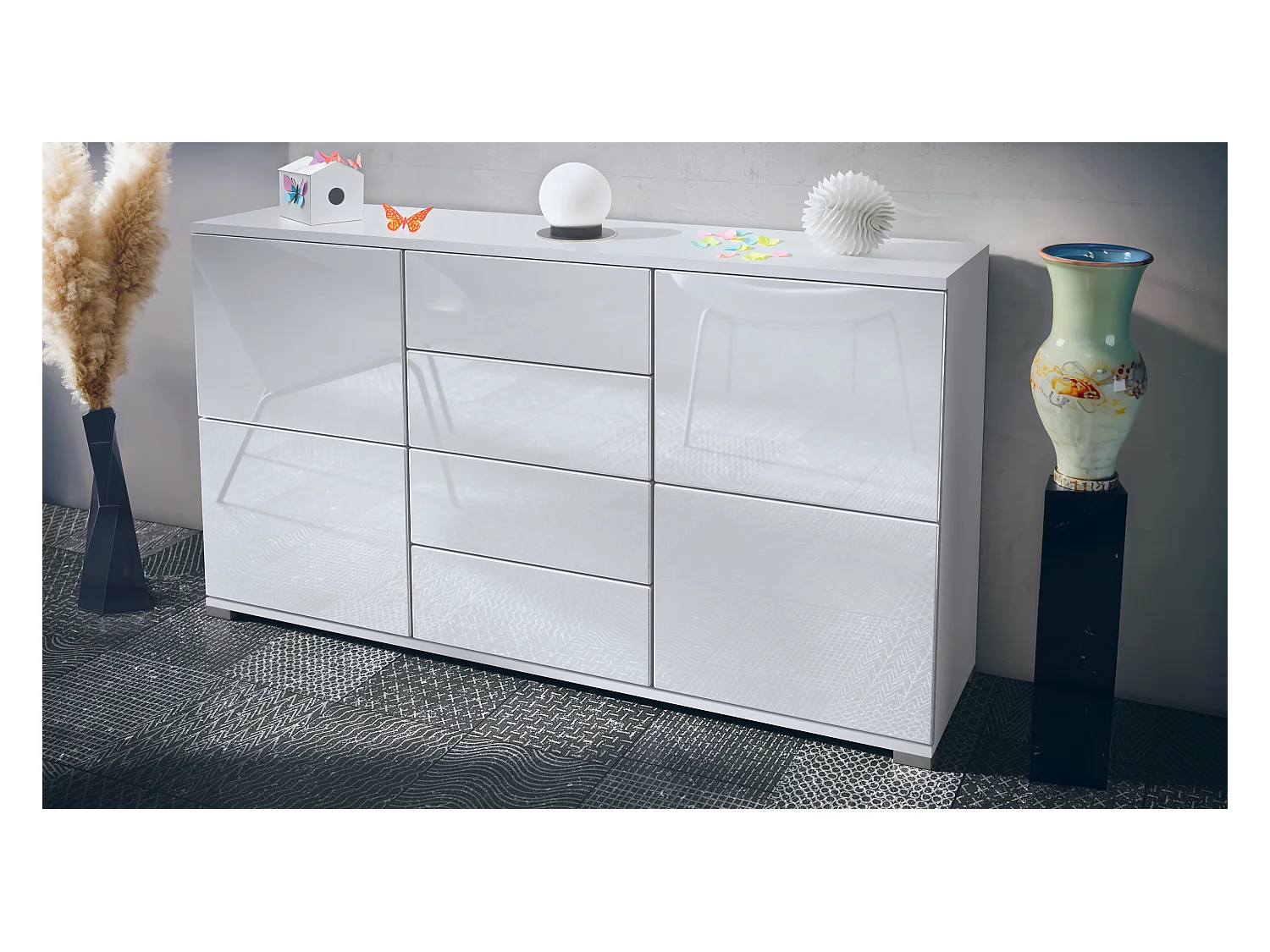 Buffet Rova V1 – Meuble avec 4 Portes et 4 Tiroirs, blanc mat/blanc haute brillance (138,5 x 75,5 x 35)