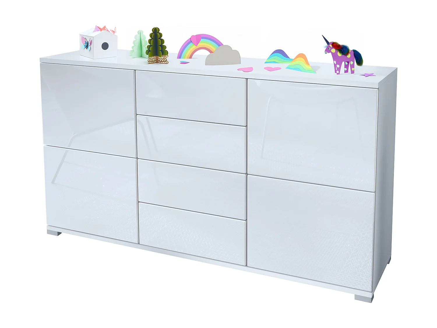 Buffet Rova V1 – Meuble avec 4 Portes et 4 Tiroirs, blanc mat/blanc haute brillance (138,5 x 75,5 x 35)
