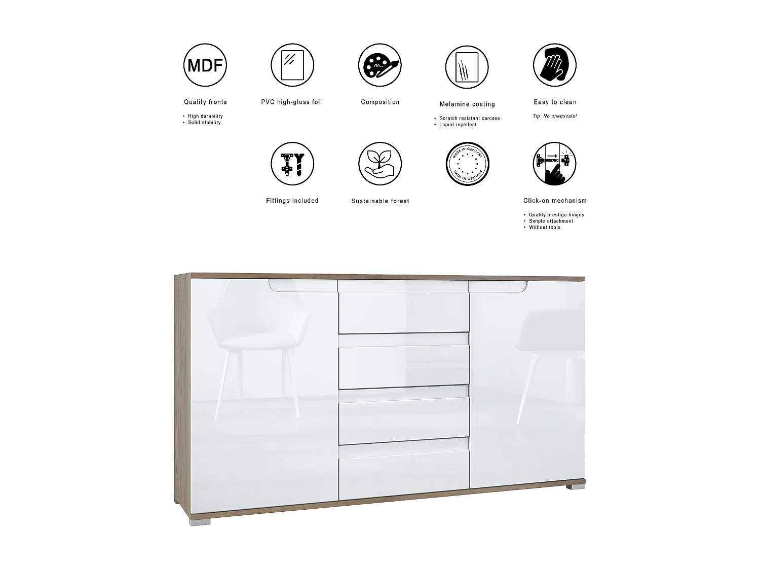 SIDEBOARD Sylt Weiß matt / Weiß Hochglanz