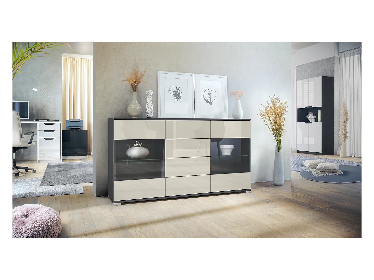 Buffet Bari V1 – Meuble avec 2 Grandes Portes et 4 Tiroirs, anthracite mat/crème haute brillance (138,5 x 75,5 x 35)