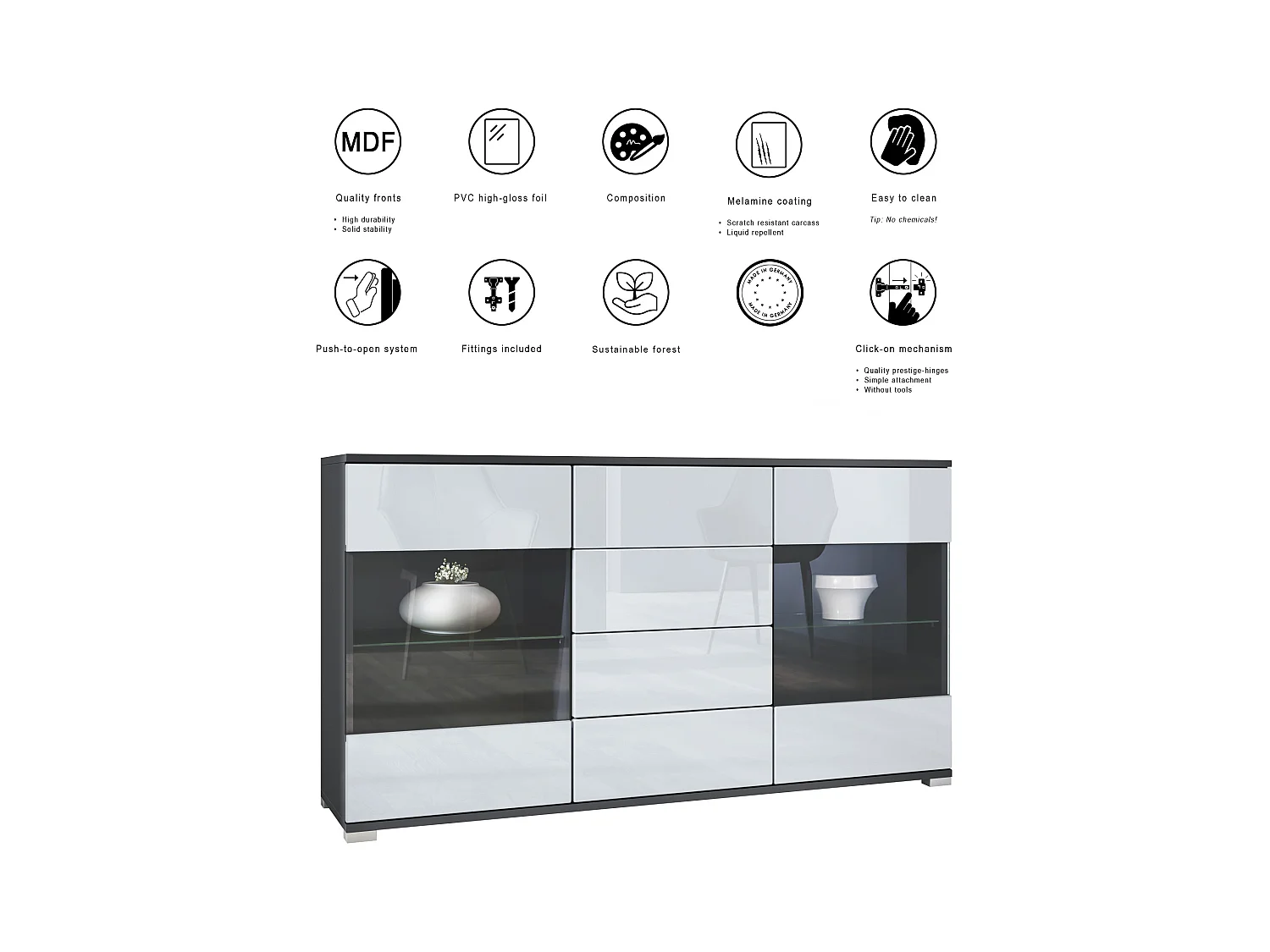 Buffet Bari V1 – Meuble avec 2 Grandes Portes et 4 Tiroirs, anthracite mat/crème haute brillance (138,5 x 75,5 x 35)