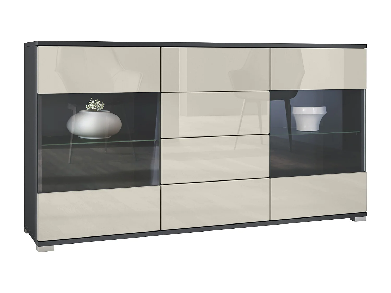 Credenza Bari  V1 – Mobile con 2 Grandi Ante e 4 Cassetti, antracite opaco /beige lucido (138,5 x 75,5 x 35)