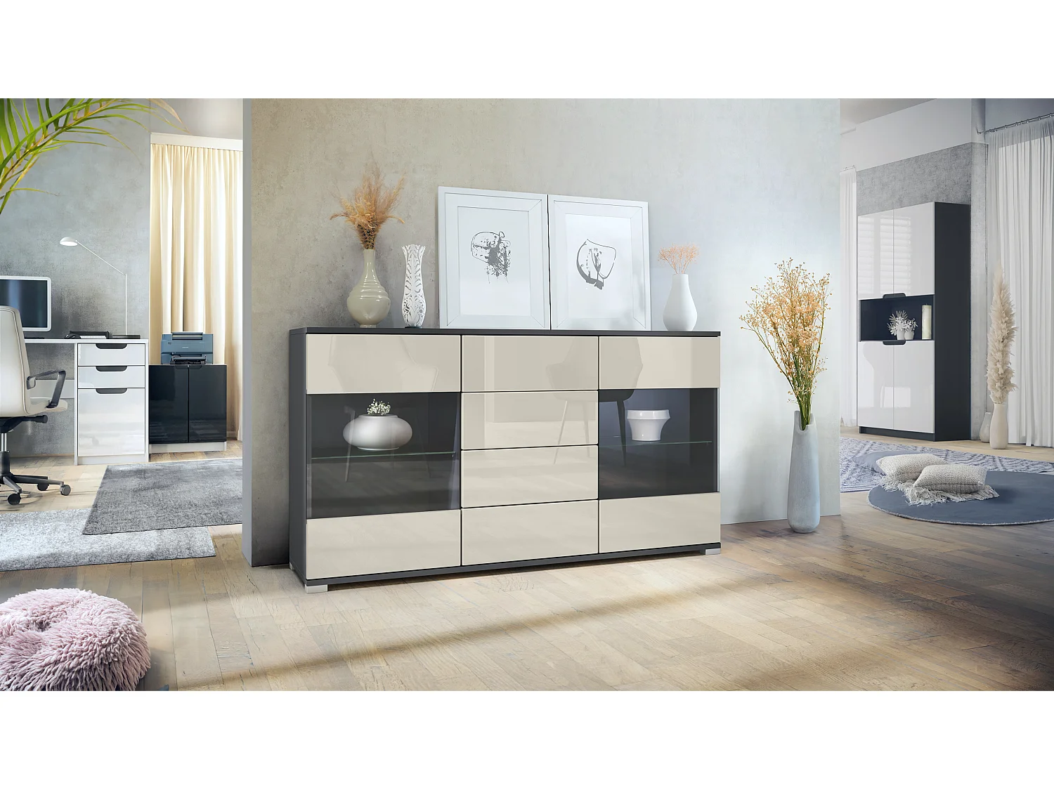 Credenza Bari  V1 – Mobile con 2 Grandi Ante e 4 Cassetti, antracite opaco /beige lucido (138,5 x 75,5 x 35)