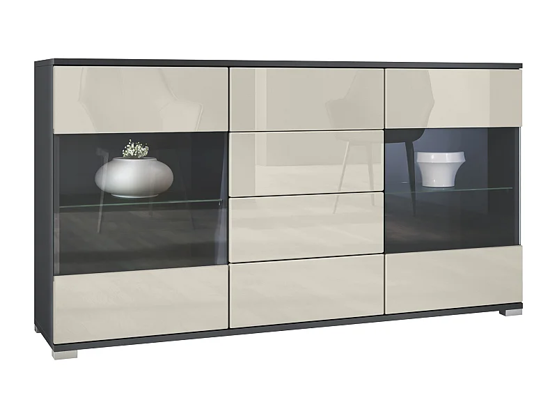 Credenza Bari  V1 – Mobile con 2 Grandi Ante e 4 Cassetti, antracite opaco /beige lucido (138,5 x 75,5 x 35)
