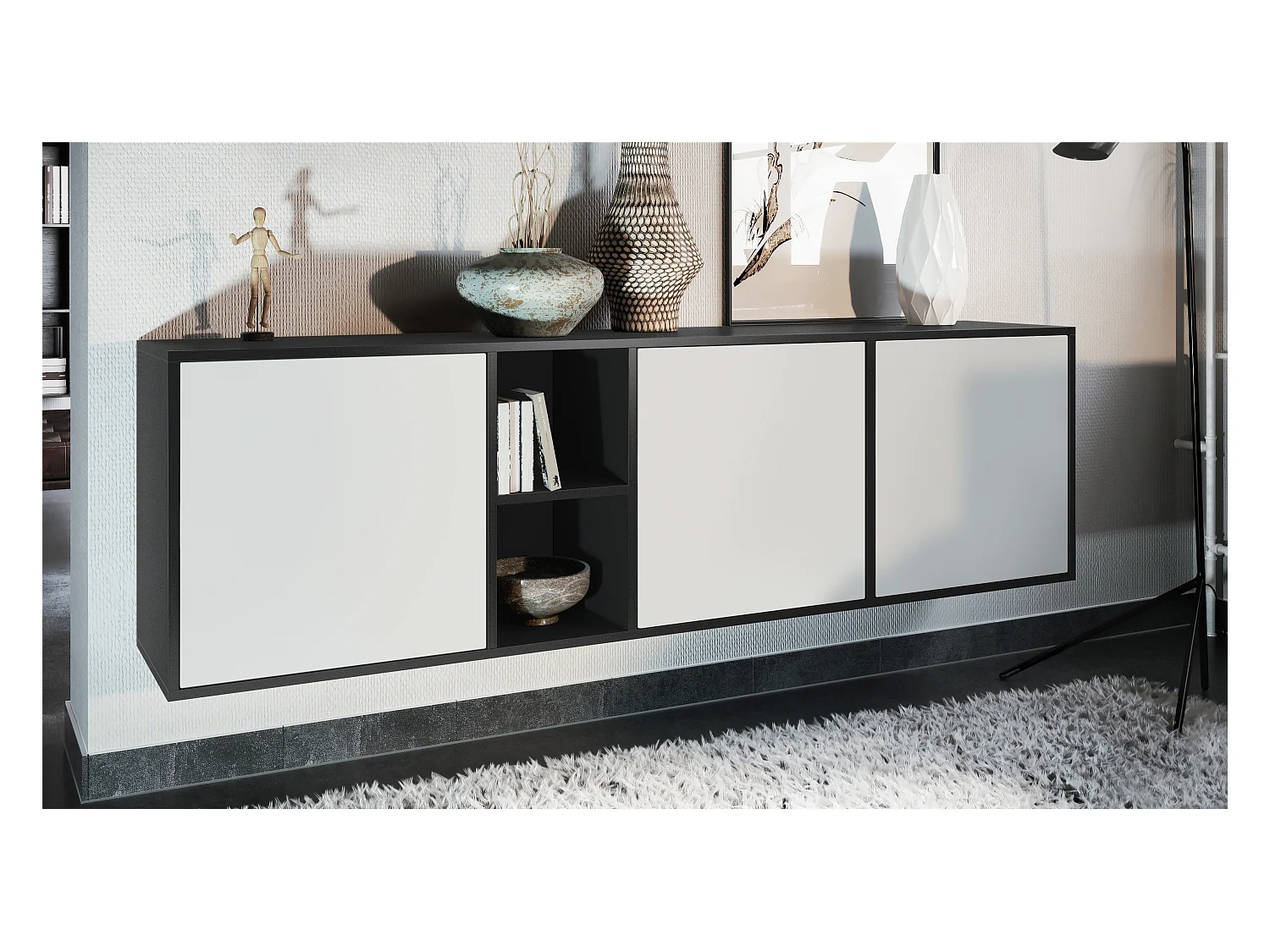 Commode Cuba - noir mat/blanc mat - Buffet moderne pour votre salon - (LxHxP) 182x53x35 cm