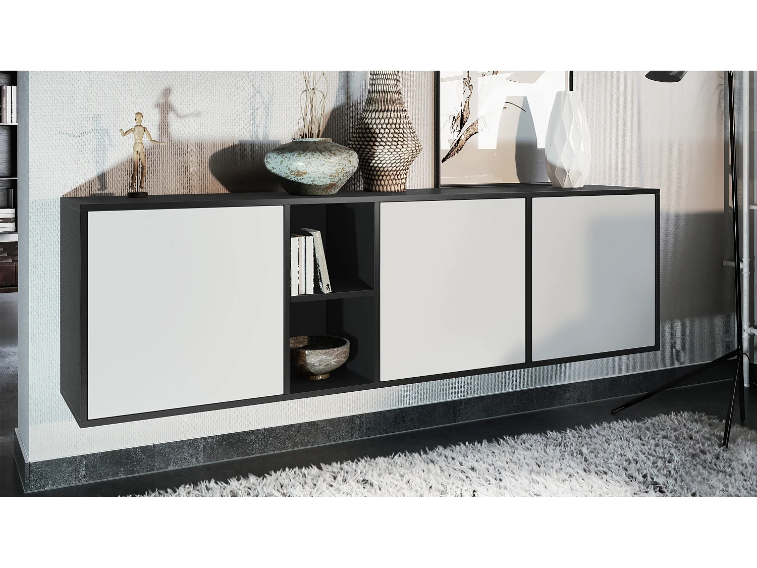 Vladon Cassettiera Cuba - nero opaco/bianco opaco - Credenza moderna per la zona giorno - (LxAxP) 182x53x35 cm