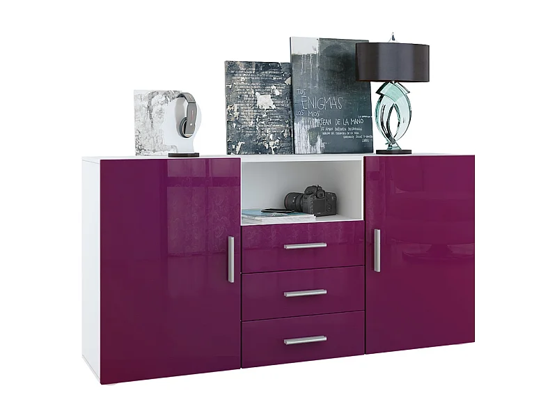 Buffet Skadu, Commode avec 2 portes, 3 tiroirs et 1 compartiment ouvert, blanc mat/mûre haute brillance (138,5 x 71,5 x 35 cm)