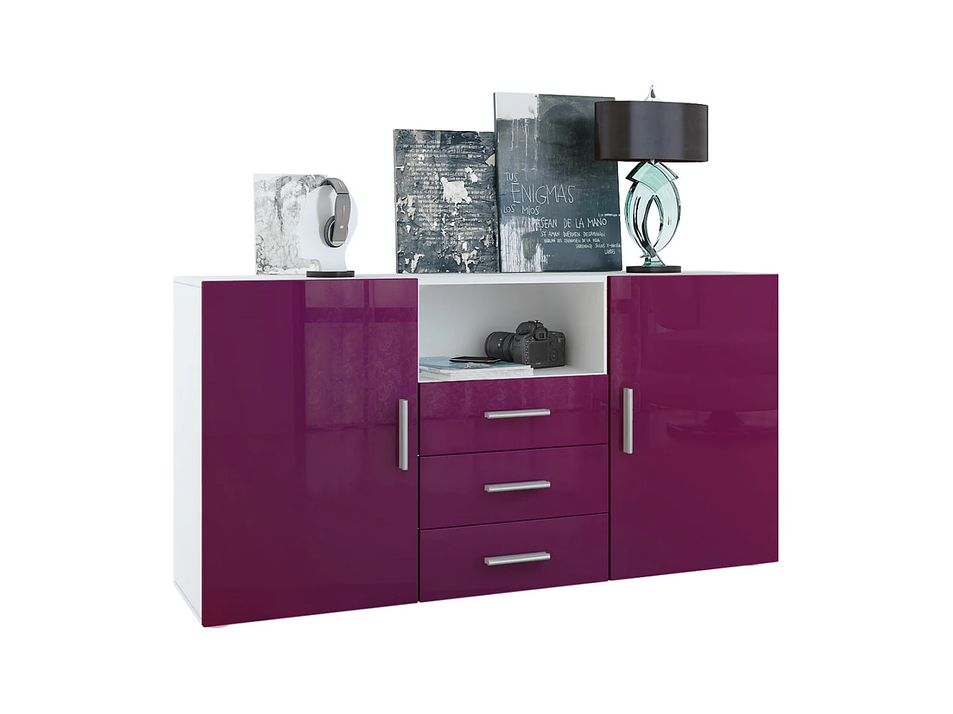 Buffet Skadu, Commode avec 2 portes, 3 tiroirs et 1 compartiment ouvert, blanc mat/mûre haute brillance (138,5 x 71,5 x 35 cm)