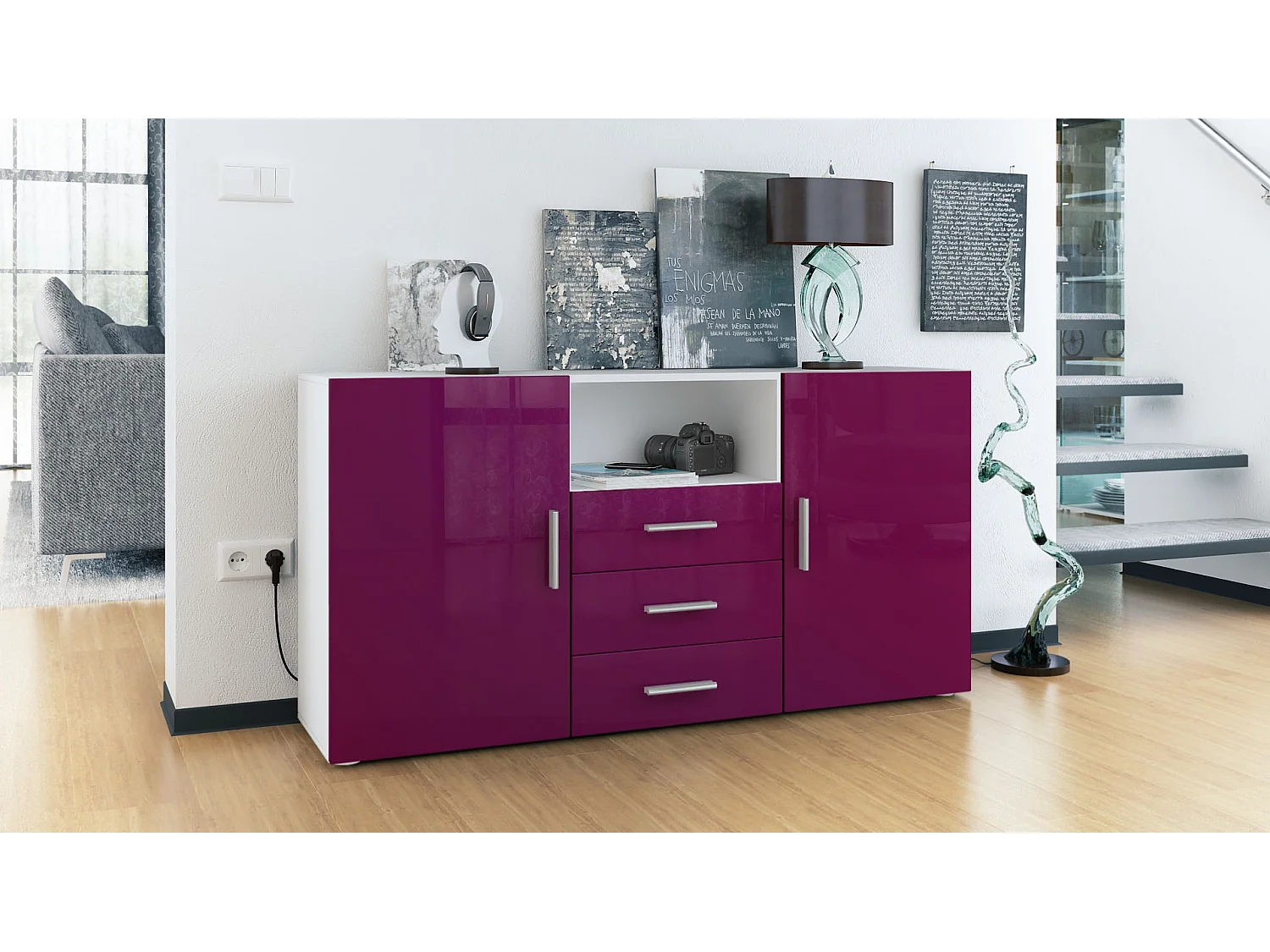 Buffet Skadu, Commode avec 2 portes, 3 tiroirs et 1 compartiment ouvert, blanc mat/mûre haute brillance (138,5 x 71,5 x 35 cm)