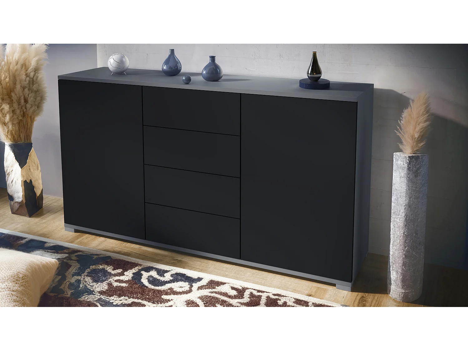 Buffet Santo V1, Enfilade avec 2 portes et 4 tiroirs, anthracite mat / noir mat (138,5 x 75,5 x 35 cm)