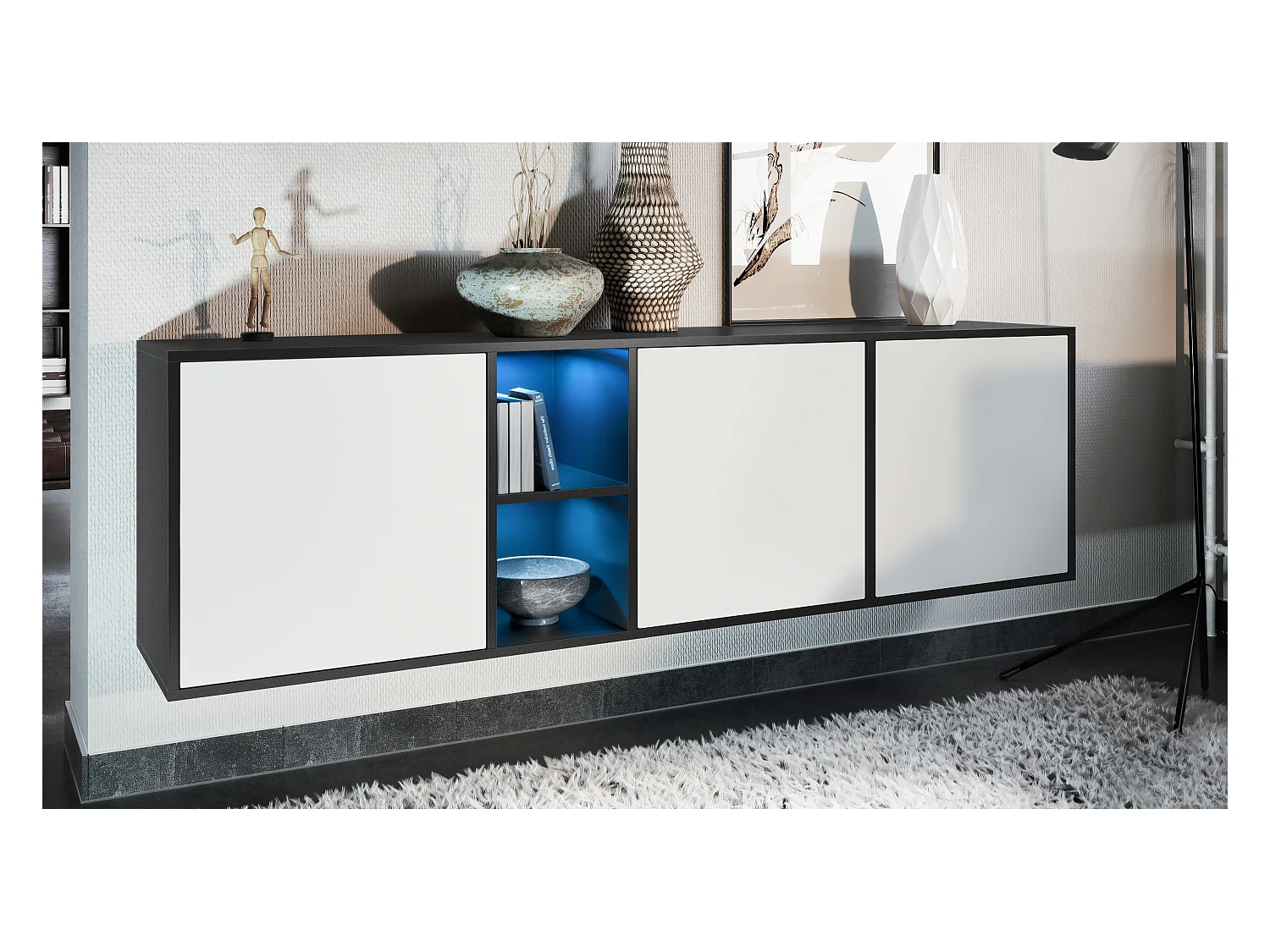 Commode Cuba - noir mat/blanc mat - Buffet moderne pour votre salon - (LxHxP) 182x53x35 cm