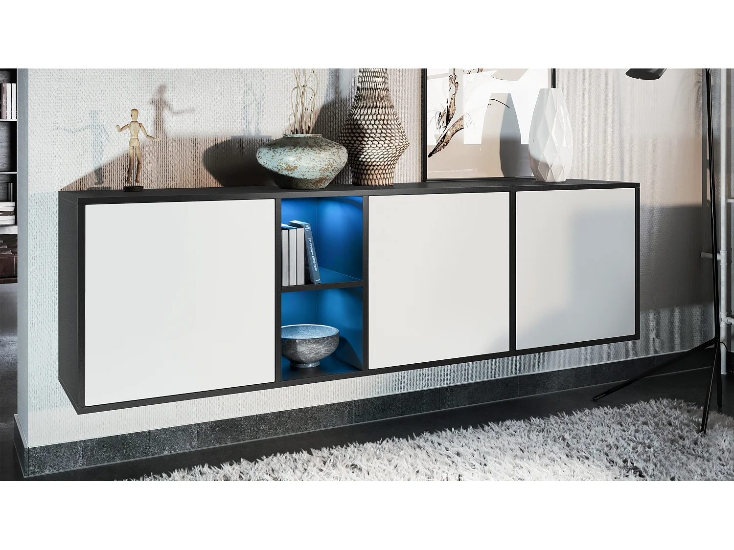 Vladon Cassettiera Cuba - nero opaco/bianco opaco - Credenza moderna per la zona giorno - (LxAxP) 182x53x35 cm