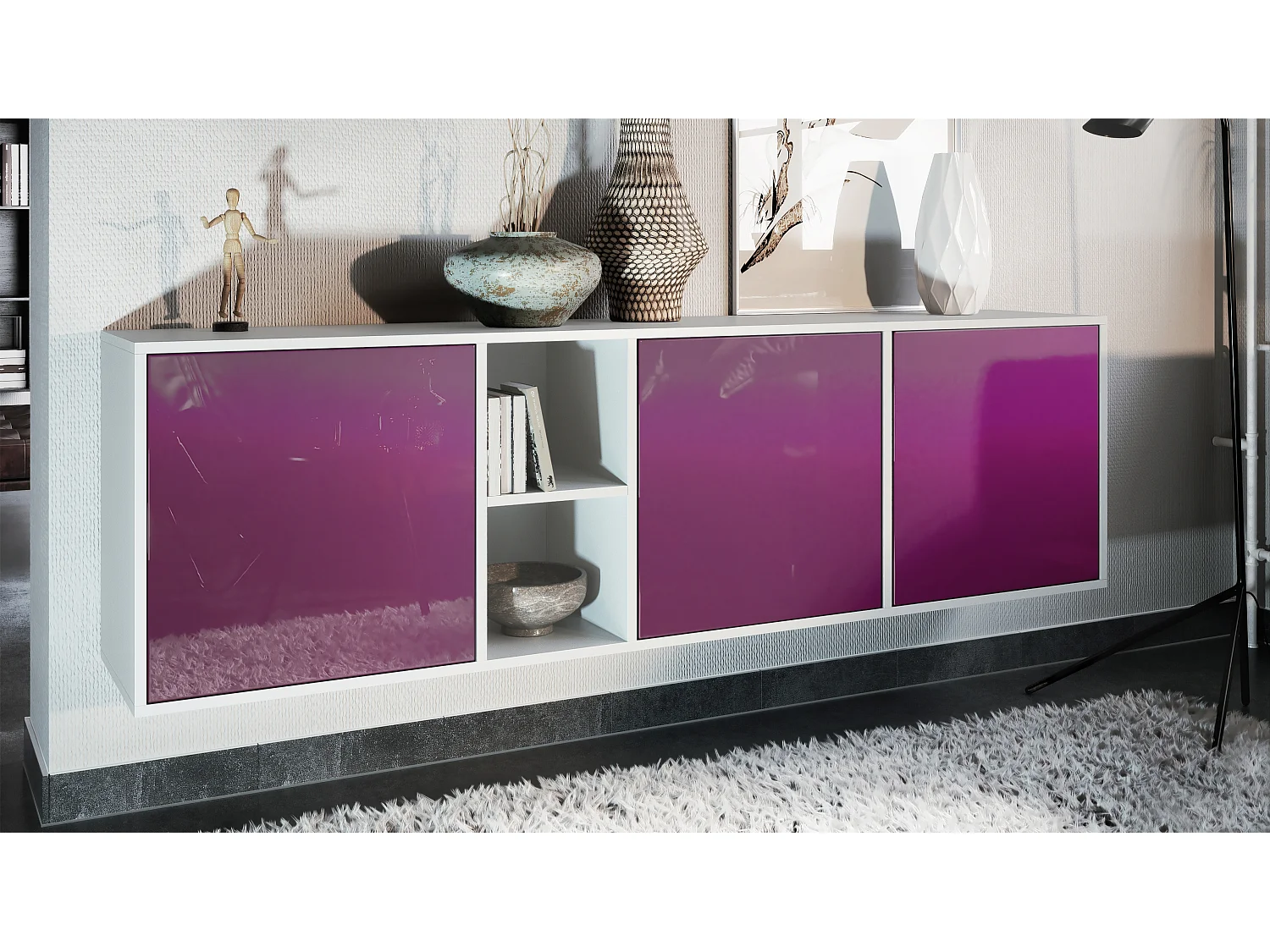 Vladon Cassettiera Cuba - bianco opaco/violetto porpora lucido - Credenza moderna per la zona giorno - (LxAxP) 182x53x35 cm
