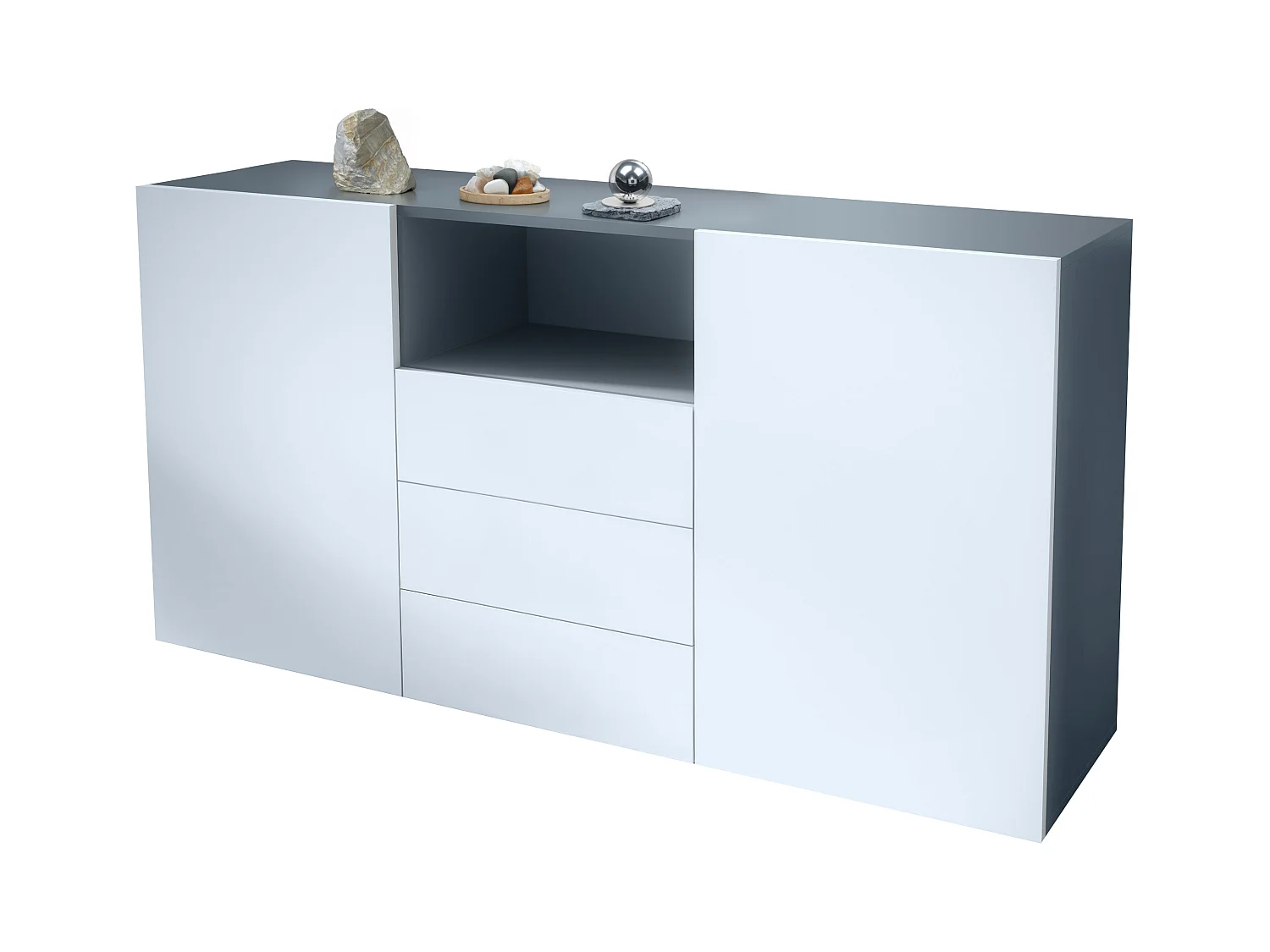 Buffet Skadu Neo, Commode avec 2 portes, 3 tiroirs et 1 compartiment ouvert, anthracite mat/blanc mat (138,5 x 71,5 x 35 cm)