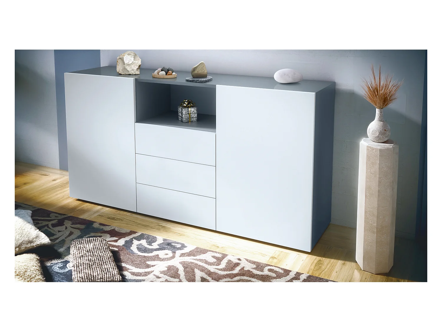 Buffet Skadu Neo, Commode avec 2 portes, 3 tiroirs et 1 compartiment ouvert, anthracite mat/blanc mat (138,5 x 71,5 x 35 cm)