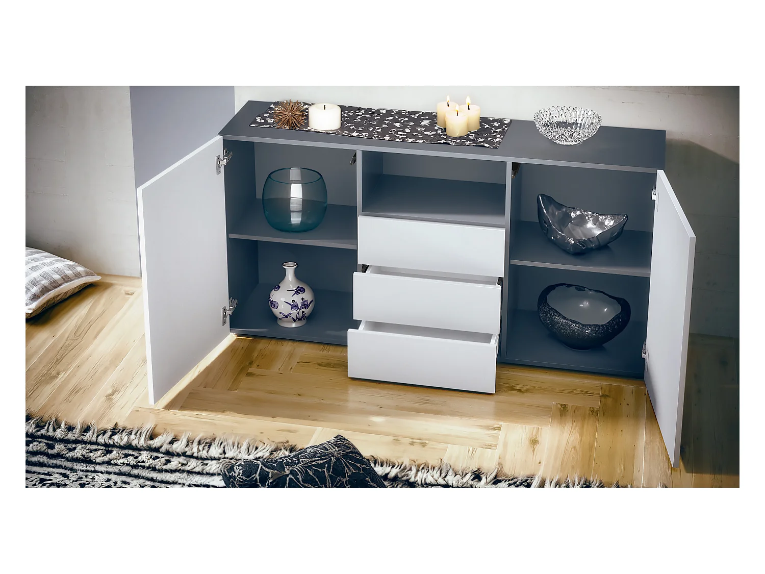 Buffet Skadu Neo, Commode avec 2 portes, 3 tiroirs et 1 compartiment ouvert, anthracite mat/blanc mat (138,5 x 71,5 x 35 cm)