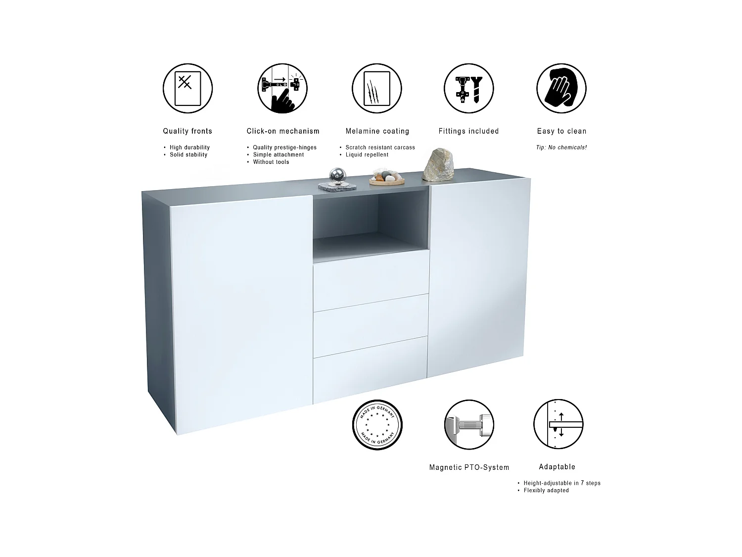 Buffet Skadu Neo, Commode avec 2 portes, 3 tiroirs et 1 compartiment ouvert, anthracite mat/blanc mat (138,5 x 71,5 x 35 cm)