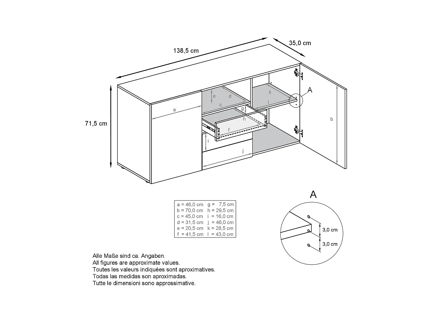 Buffet Skadu Neo, Commode avec 2 portes, 3 tiroirs et 1 compartiment ouvert, anthracite mat/blanc mat (138,5 x 71,5 x 35 cm)
