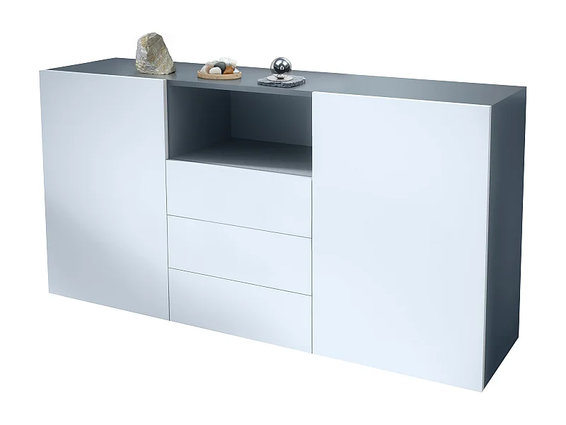Buffet Skadu Neo, Commode avec 2 portes, 3 tiroirs et 1 compartiment ouvert, anthracite mat/blanc mat (138,5 x 71,5 x 35 cm)