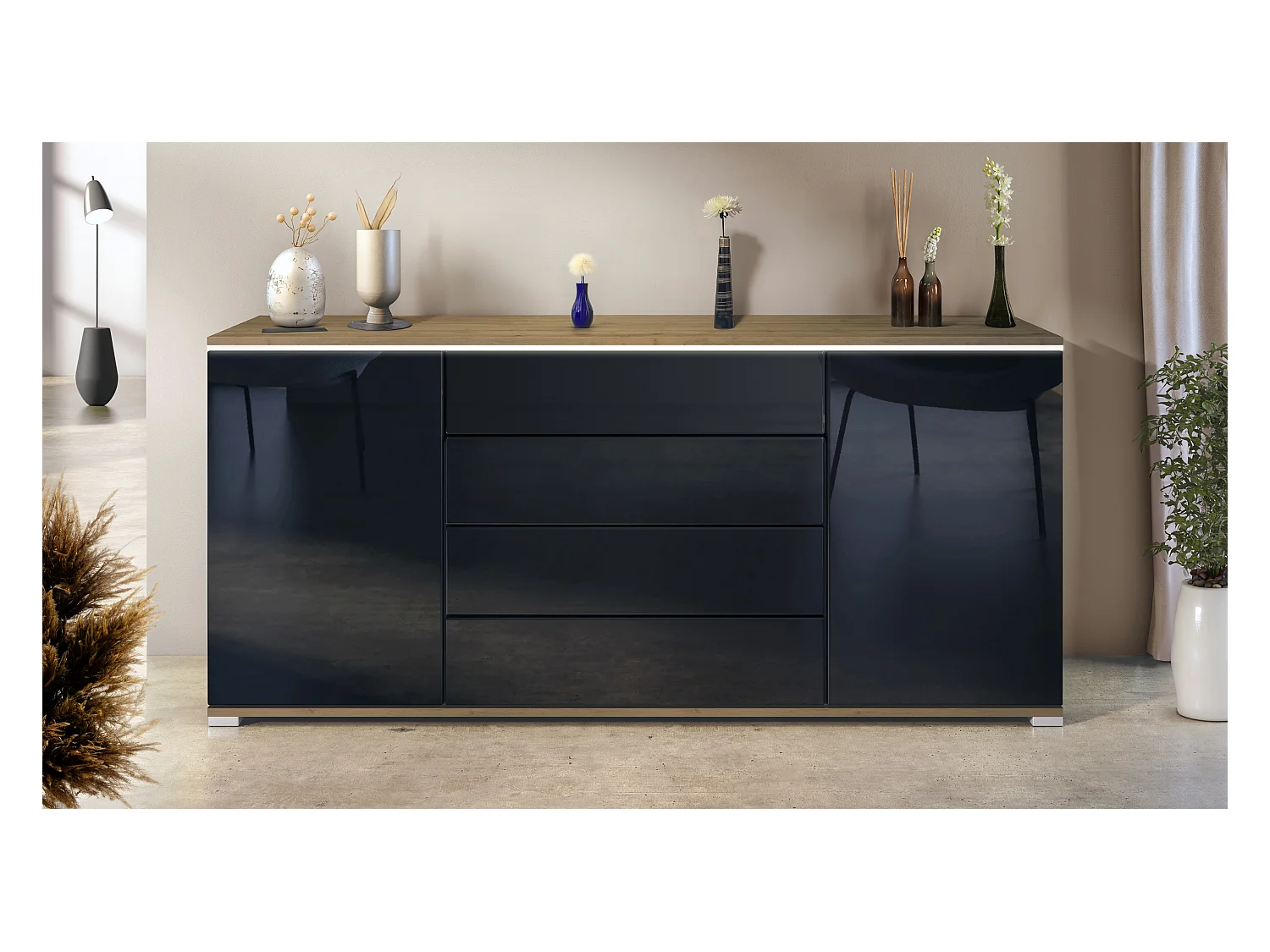 Buffet Faro V2 – Meuble avec 2 Portes & 4 Tiroirs, Armoire avec Bande LED Lumineuse, Chêne Evoke / noir haute brillance (166,5 x 75,5 x 35)