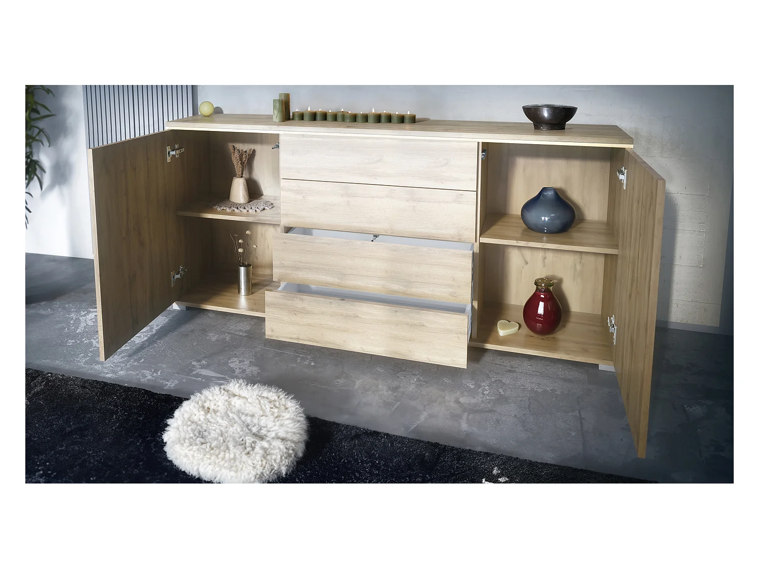 Buffet Faro V2 – Meuble avec 2 Portes & 4 Tiroirs, Armoire avec Bande LED Lumineuse, Chêne Evoke / noir haute brillance (166,5 x 75,5 x 35)