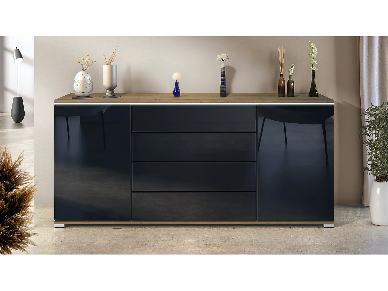 Buffet Faro V2 – Meuble avec 2 Portes & 4 Tiroirs, Armoire avec Bande LED Lumineuse, Chêne Evoke / noir haute brillance (166,5 x 75,5 x 35)