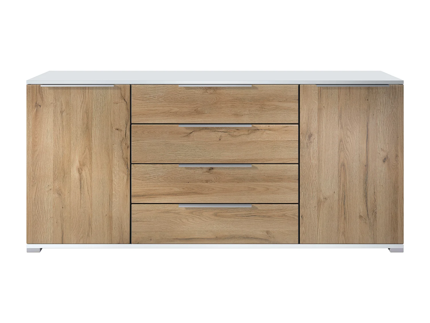 Buffet Linio V2 – Commode moderne avec 2 portes et 4 tiroirs, blanc mat/chêne nature, 166,5 x 75,5 x 35 cm (L x H x P) – Meuble de rangement bahut