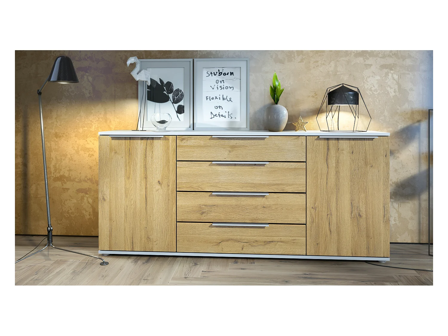 Buffet Linio V2 – Commode moderne avec 2 portes et 4 tiroirs, blanc mat/chêne nature, 166,5 x 75,5 x 35 cm (L x H x P) – Meuble de rangement bahut