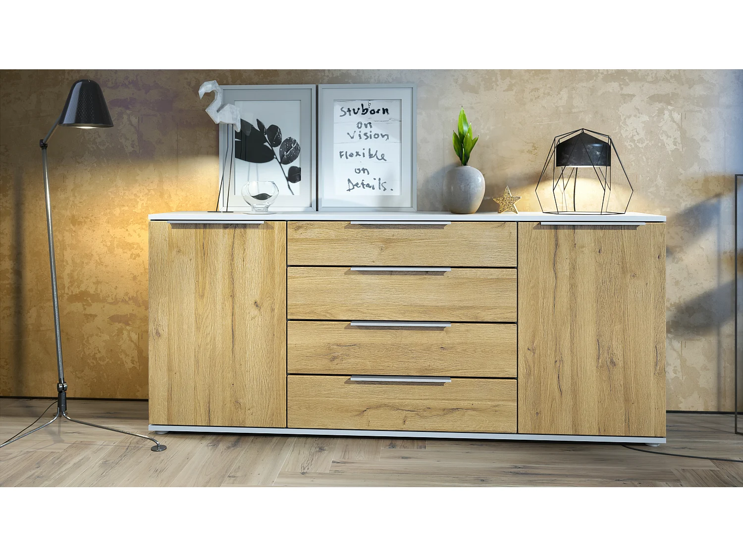 Buffet Linio V2 – Commode moderne avec 2 portes et 4 tiroirs, blanc mat/chêne nature, 166,5 x 75,5 x 35 cm (L x H x P) – Meuble de rangement bahut