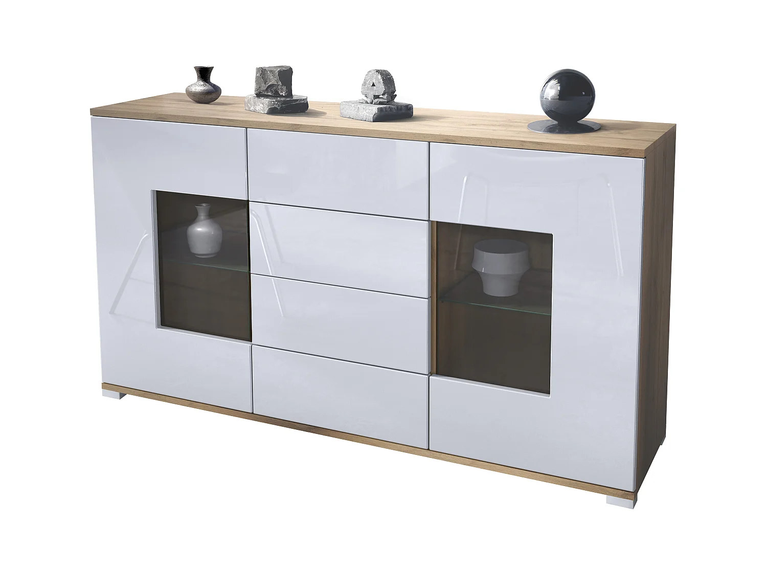 Buffet Grömitz V1 – Meuble avec 2 Grandes Portes et 4 Tiroirs, Chêne Evoke/blanc haute brillance (138,5 x 75,5 x 35)