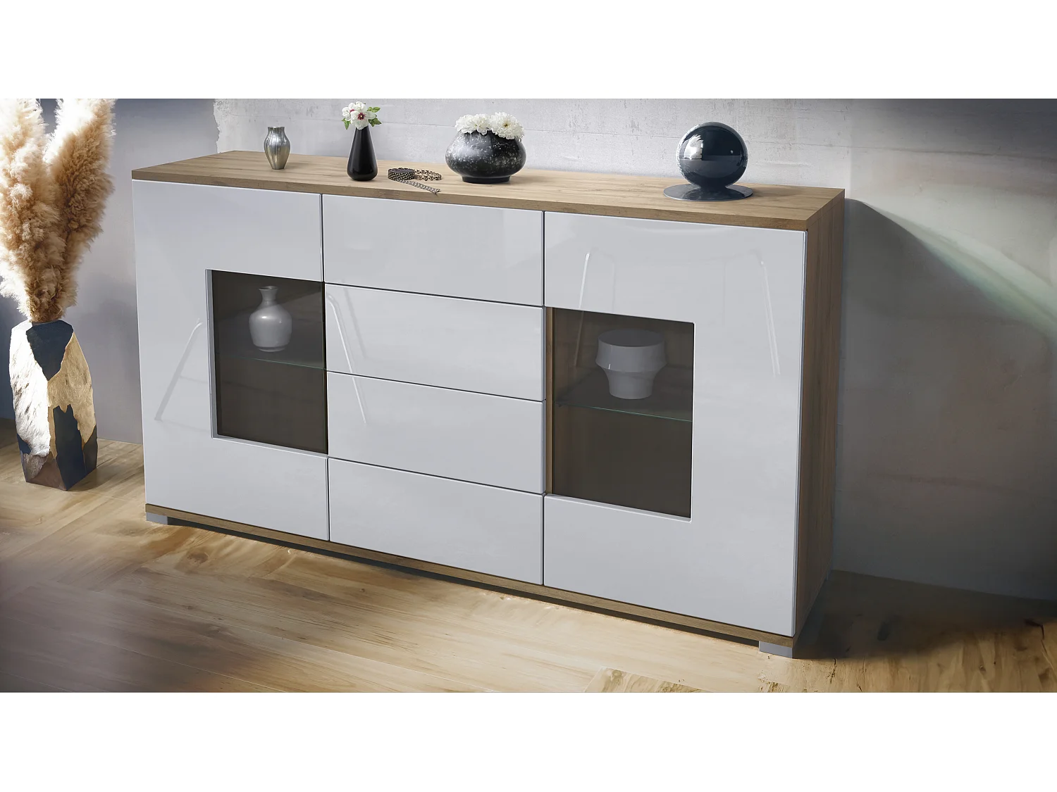 Credenza Grömitz V1 – Mobile con 2 Grandi Ante e 4 Cassetti, Quercia Evoca/bianco lucido (138,5 x 75,5 x 35)