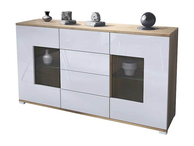 Buffet Grömitz V1 – Meuble avec 2 Grandes Portes et 4 Tiroirs, Chêne Evoke/blanc haute brillance (138,5 x 75,5 x 35)