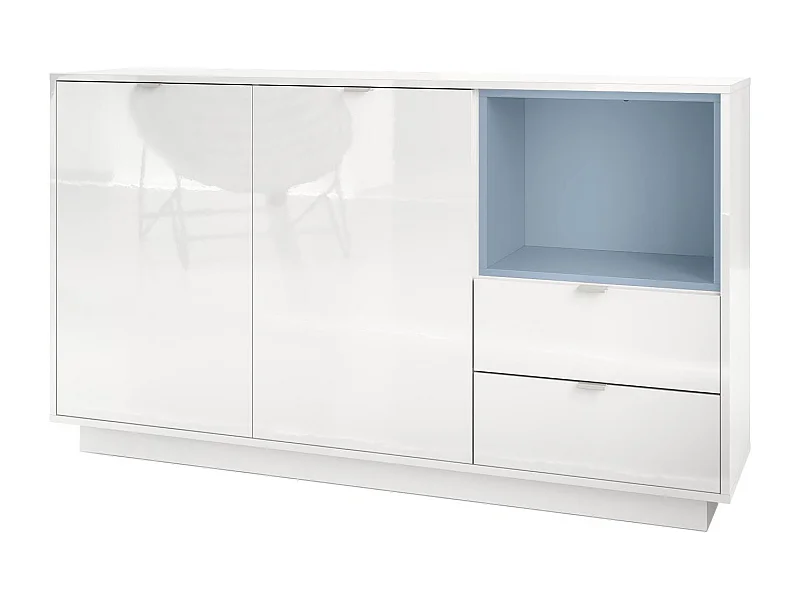 Mobile Madia Metro, Struttura in bianco lucido / Frontale in bianco lucido con inserto in denim opaco