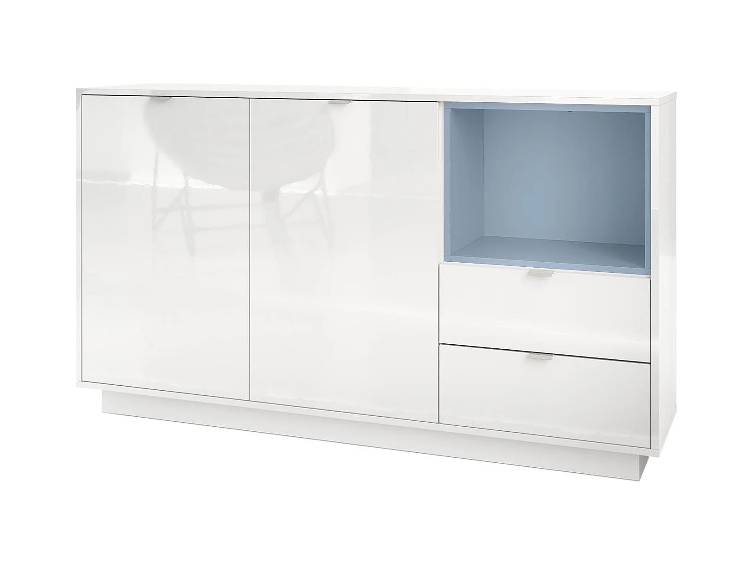 Buffet Armoire Metro, Corps en Blanc haute brillance / Façades en Blanc haute brillance avec une insertion en Denim mat
