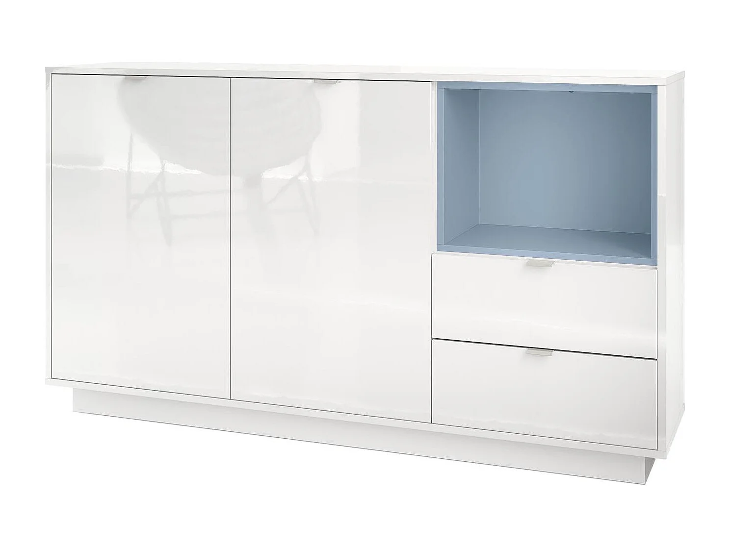 Mobile Madia Metro, Struttura in bianco lucido / Frontale in bianco lucido con inserto in denim opaco