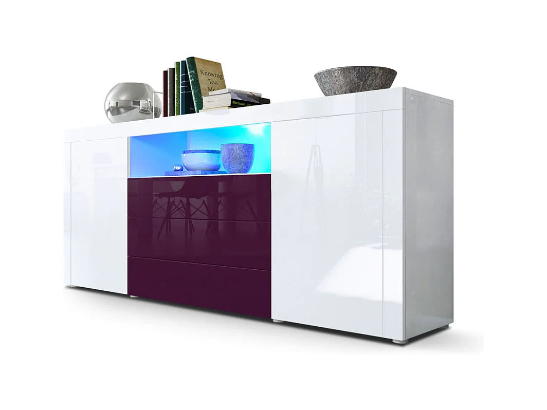 Sideboard Santiago, blanc haute brillance/mûre haute brillance - Modern chest of drawers for your living area - (WxHxD) 167 x 72 x 35 cm