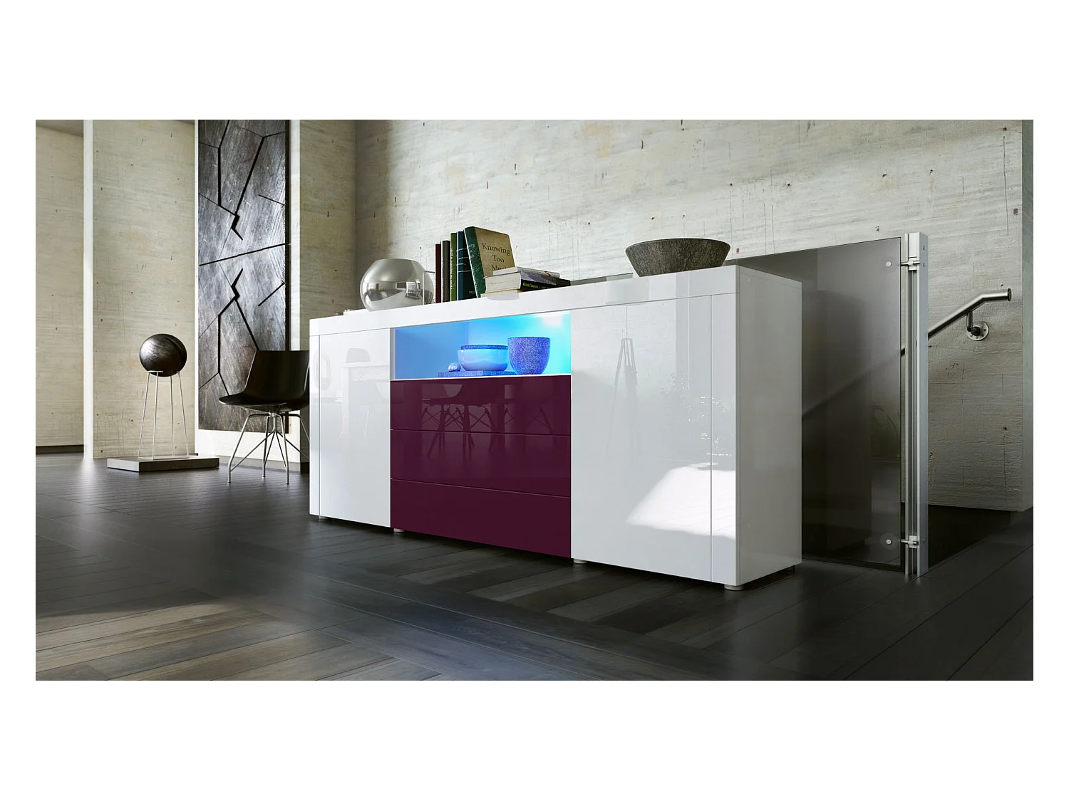 SIDEBOARD Santiago Weiß Hochglanz / Brombeer Hochglanz