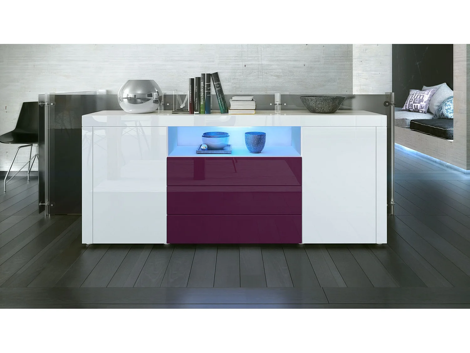 Sideboard Santiago, blanc haute brillance/mûre haute brillance - Modern chest of drawers for your living area - (WxHxD) 167 x 72 x 35 cm