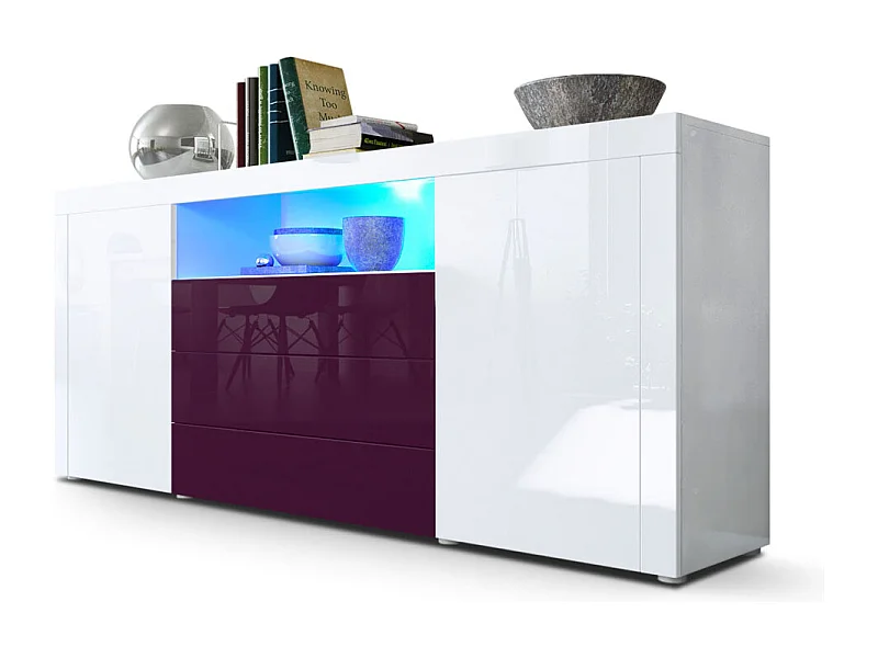 Sideboard Santiago, blanc haute brillance/mûre haute brillance - Modern chest of drawers for your living area - (WxHxD) 167 x 72 x 35 cm