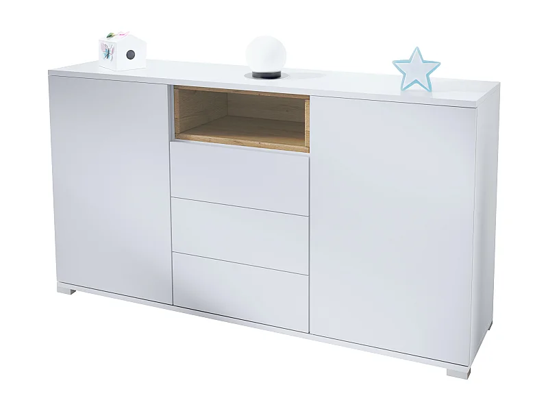 Skadu V2 Buffet, Commode avec 2 portes, 3 tiroirs et 1 compartiment ouvert, blanc mat/chêne nature (138,5 x 75,5 x 35 cm)