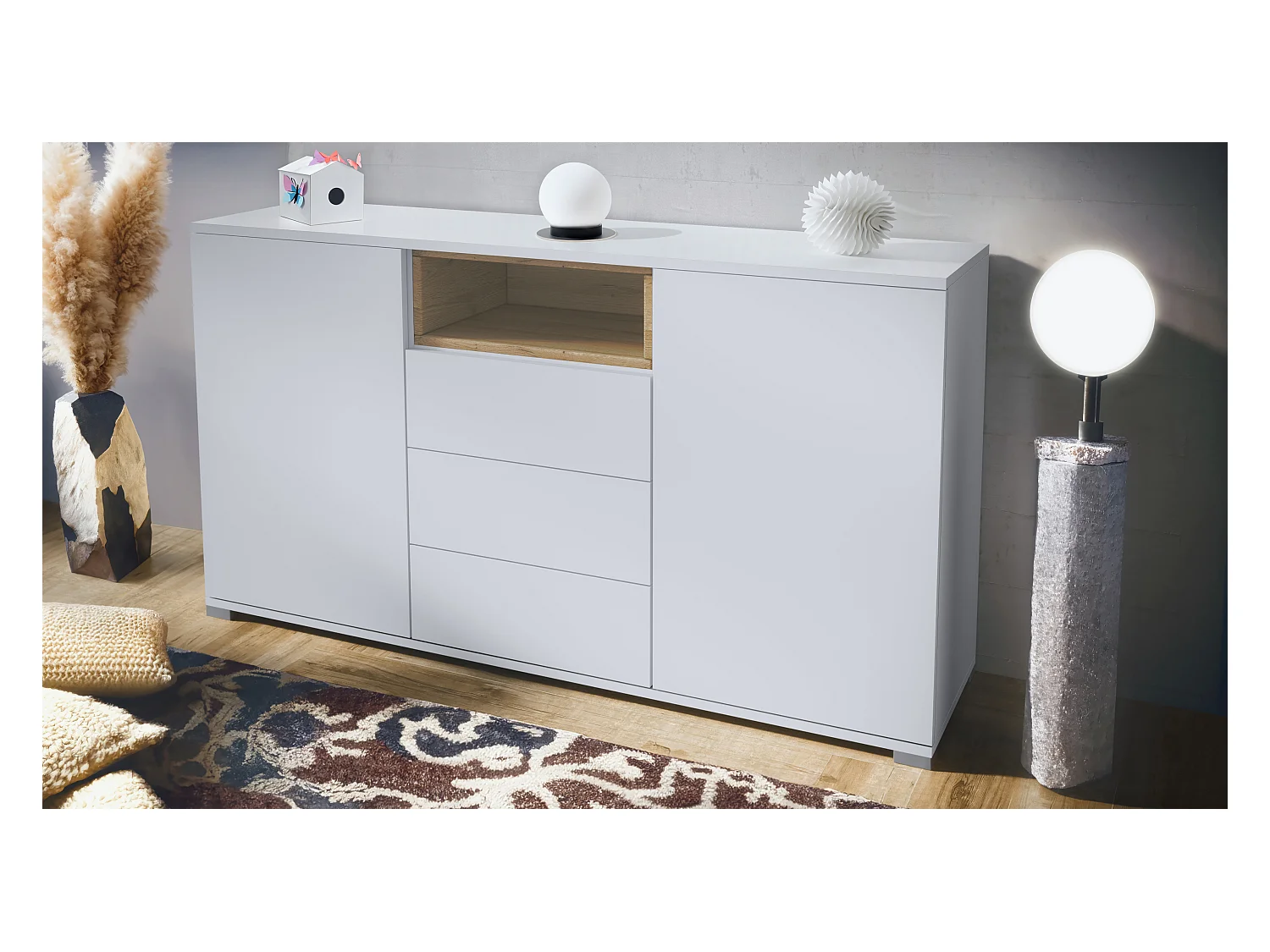 Skadu V2 Buffet, Commode avec 2 portes, 3 tiroirs et 1 compartiment ouvert, blanc mat/chêne nature (138,5 x 75,5 x 35 cm)