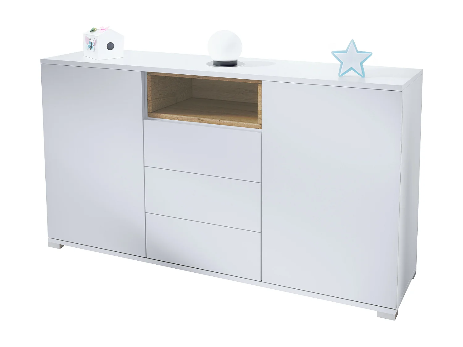 Skadu V2 Buffet, Commode avec 2 portes, 3 tiroirs et 1 compartiment ouvert, blanc mat/chêne nature (138,5 x 75,5 x 35 cm)