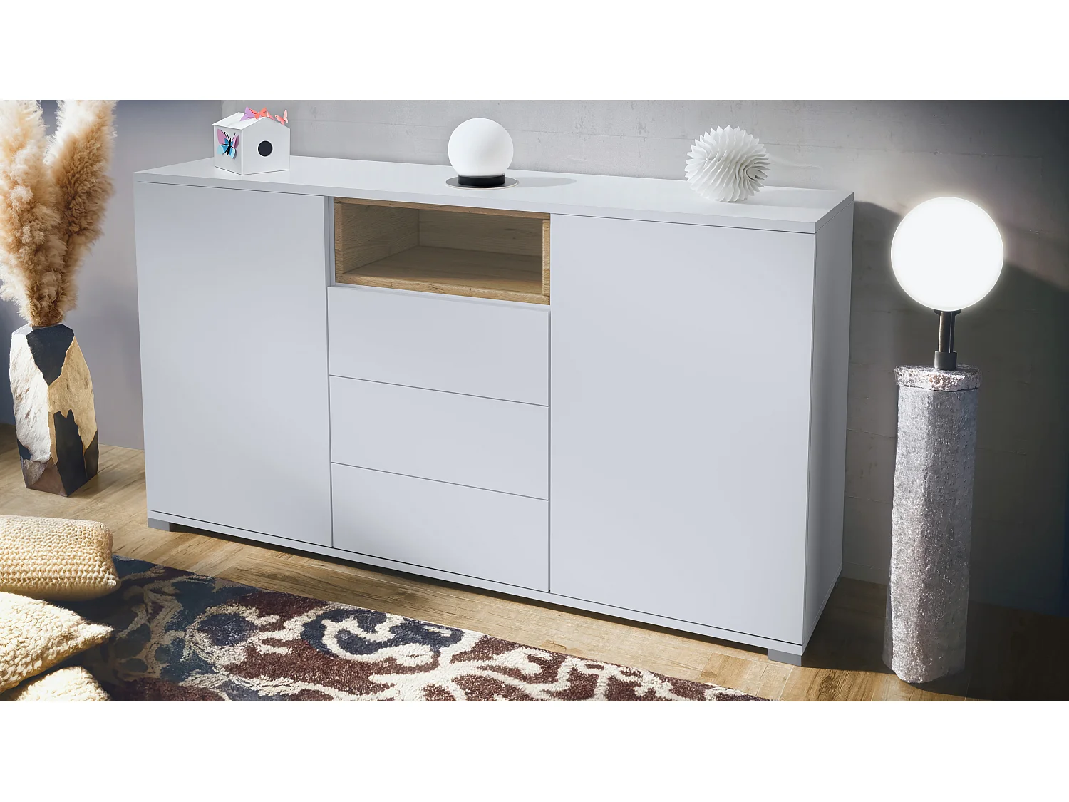 Skadu V2 Buffet, Commode avec 2 portes, 3 tiroirs et 1 compartiment ouvert, blanc mat/chêne nature (138,5 x 75,5 x 35 cm)
