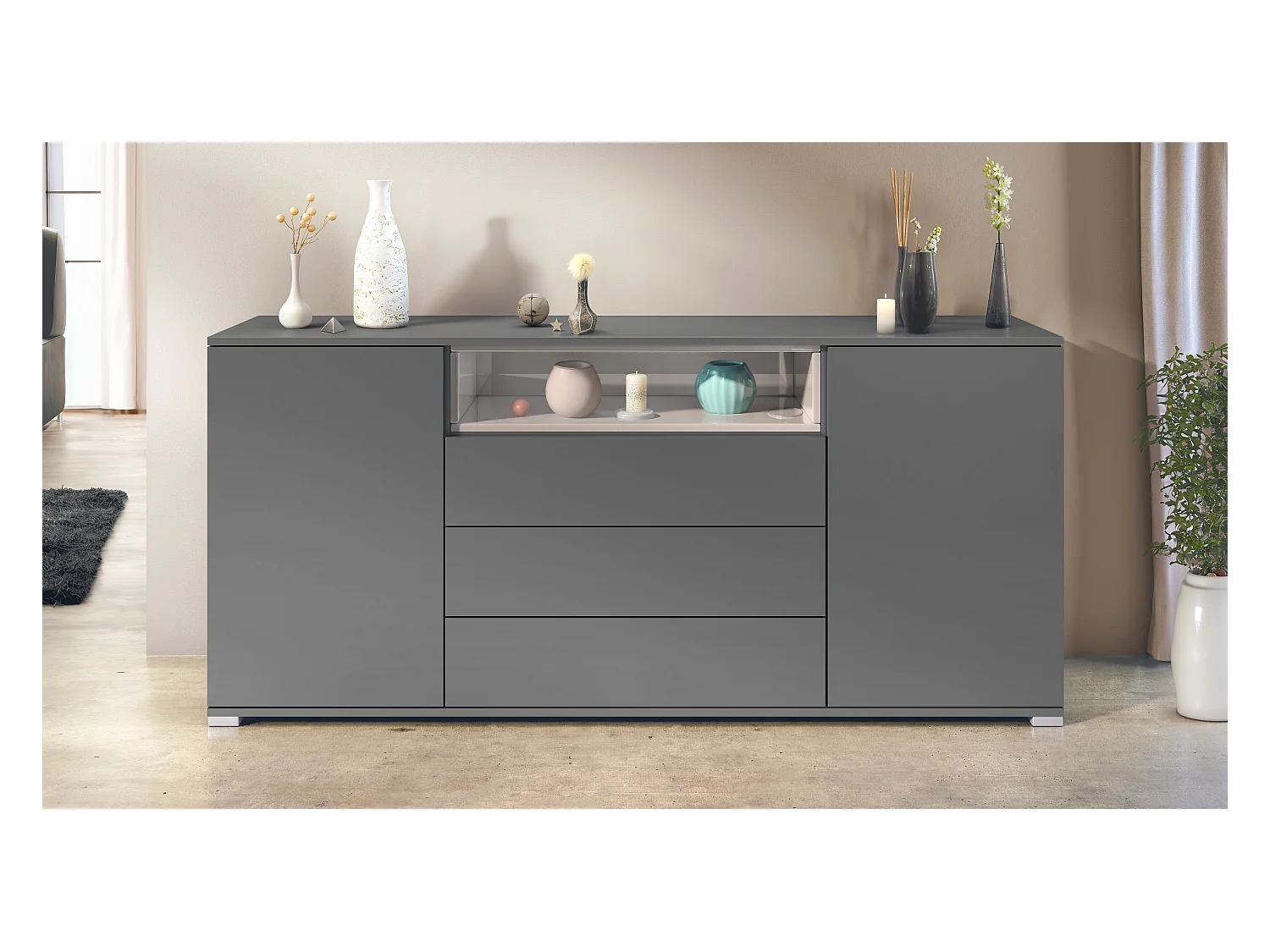 Skadu V4 Buffet, Commode avec 2 portes, 3 tiroirs et 1 compartiment ouvert, anthracite mat/gris sable haute brillance (166,5 x 75,5 x 35 cm)