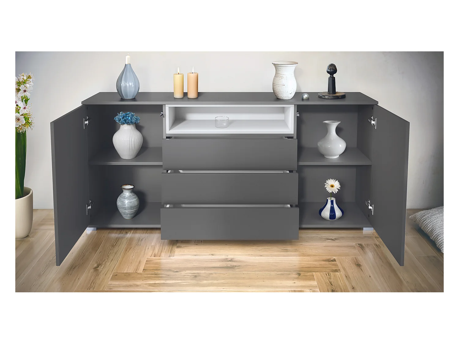 Skadu V4 Buffet, Commode avec 2 portes, 3 tiroirs et 1 compartiment ouvert, anthracite mat/gris sable haute brillance (166,5 x 75,5 x 35 cm)