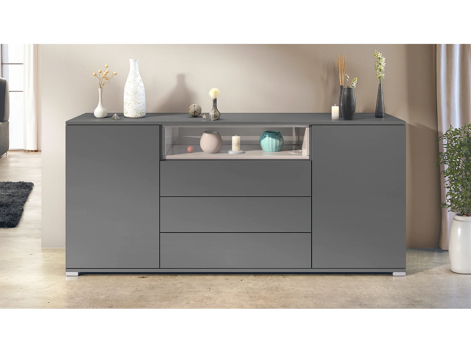 Skadu V4 Buffet, Commode avec 2 portes, 3 tiroirs et 1 compartiment ouvert, anthracite mat/gris sable haute brillance (166,5 x 75,5 x 35 cm)