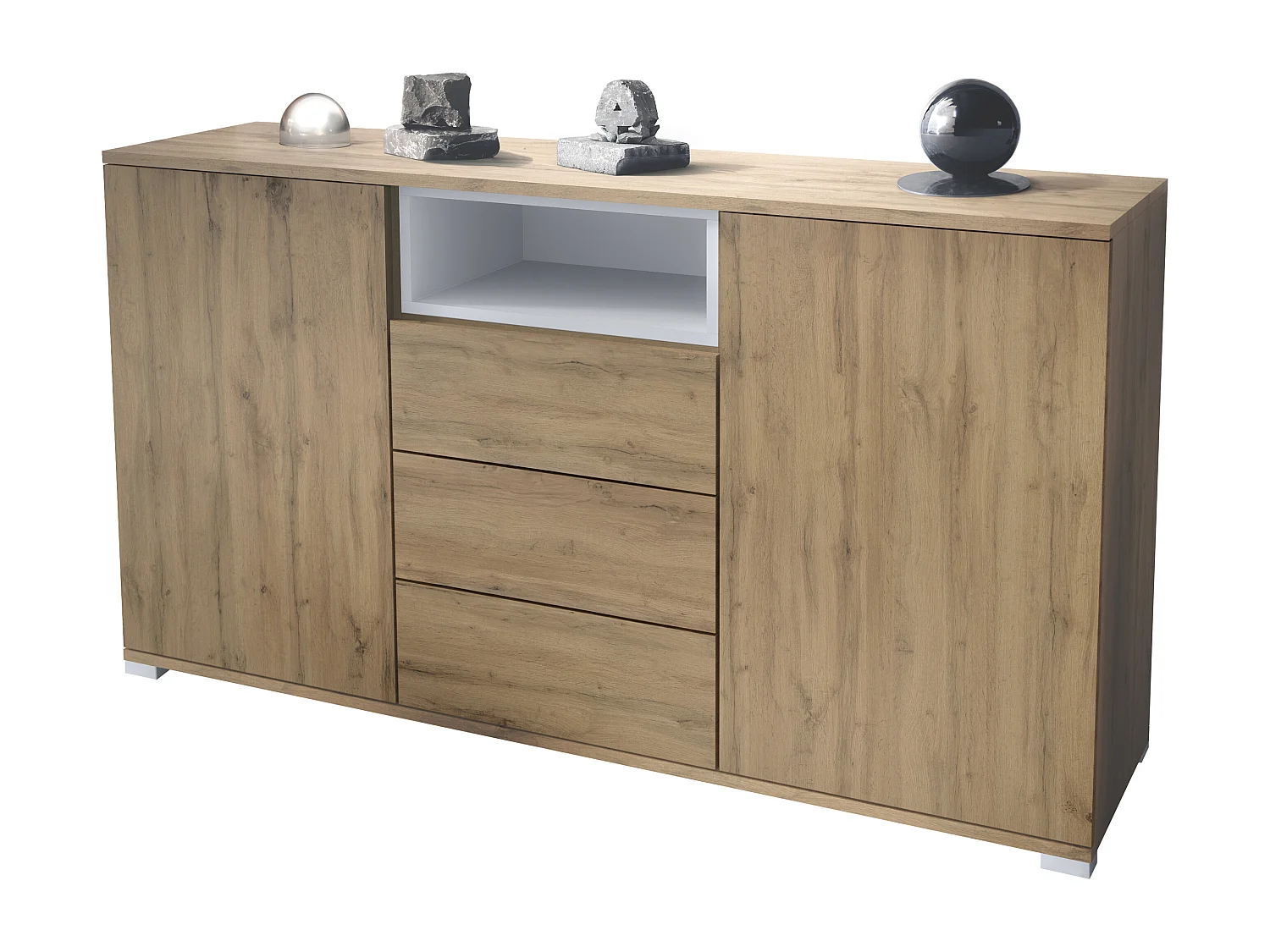 Skadu V2 Buffet, Commode avec 2 portes, 3 tiroirs et 1 compartiment ouvert, Chêne Evoke/blanc mat (138,5 x 75,5 x 35 cm)
