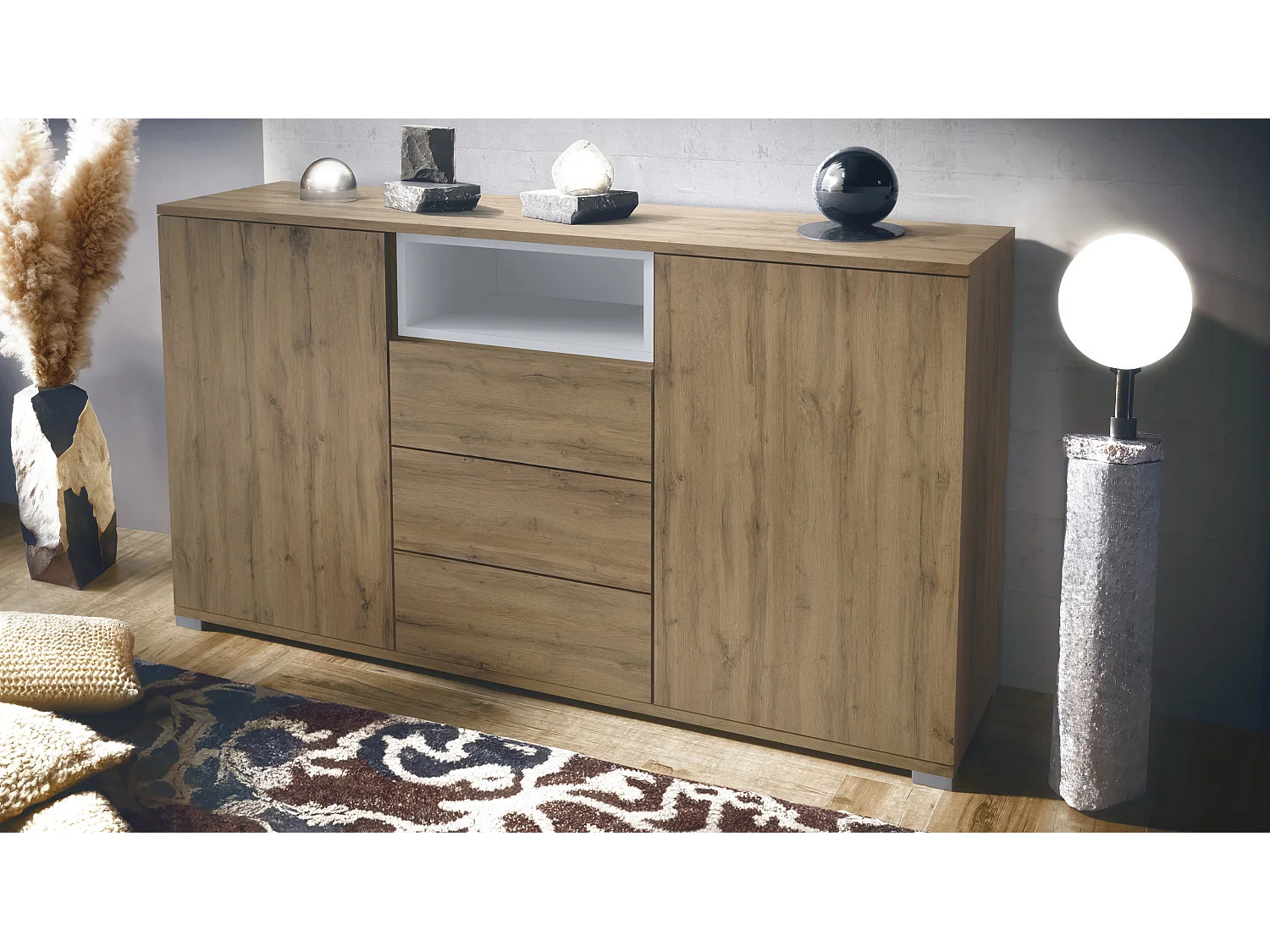 Skadu V2 Buffet, Commode avec 2 portes, 3 tiroirs et 1 compartiment ouvert, Chêne Evoke/blanc mat (138,5 x 75,5 x 35 cm)