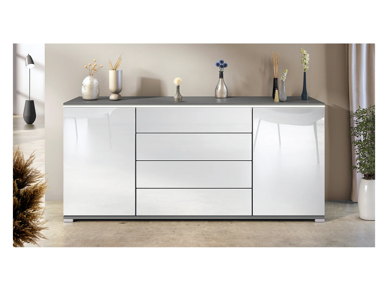 Buffet Faro V2 – Meuble avec 2 Portes & 4 Tiroirs, Armoire avec Bande LED Lumineuse, anthracite mat / blanc haute brillance (166,5 x 75,5 x 35)